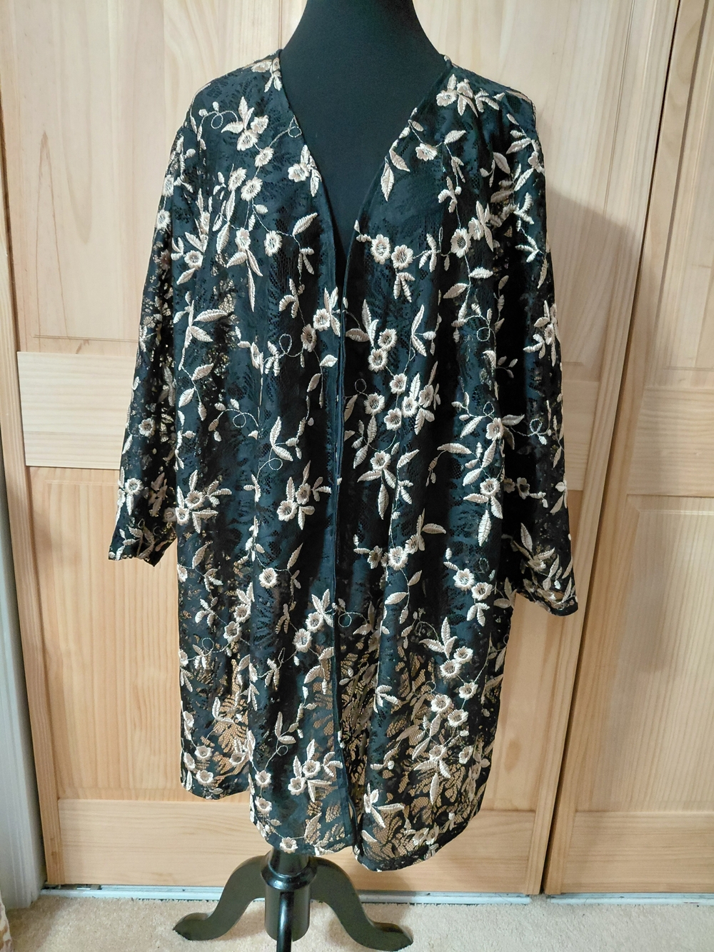 Catherines Black Embroidered Floral Open Cardigan Kimono